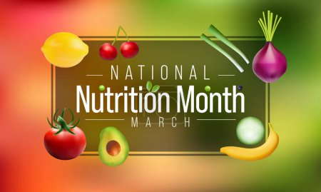 Ilustración de El mes nacional de nutrición se celebra cada año en marzo, para llamar la atención sobre la importancia de tomar decisiones alimentarias informadas y desarrollar hábitos alimenticios saludables. Ilustración vectorial - Imagen libre de derechos