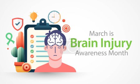 Brain Injury awareness month (TBI) is observed every year in March, is a disruption of the normal function of the brain that can be caused by a blow, bump or jolt to the head. vector illustration