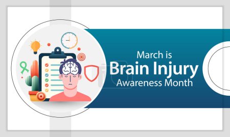 Der Brain Injury Awareness Monat (TBI), der jedes Jahr im März stattfindet, ist eine Störung der normalen Funktion des Gehirns, die durch einen Schlag, Stoß oder Stoß auf den Kopf verursacht werden kann. Vektorillustration