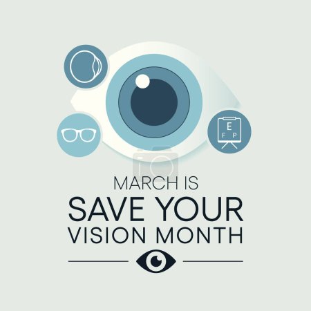 Der Monat Save your Vision wird jedes Jahr im März begangen, zielt darauf ab, das Bewusstsein für gute Augenpflege zu stärken und ermutigt die Menschen zu regelmäßigen Augenuntersuchungen. Vektorillustration