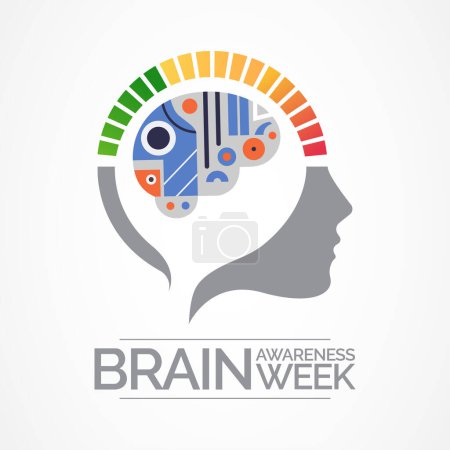 Brain Awareness Week (BAW) es una campaña global que se lleva a cabo cada año a mediados de marzo para aumentar la conciencia pública sobre los beneficios y el progreso de la investigación cerebral. Ilustración vectorial