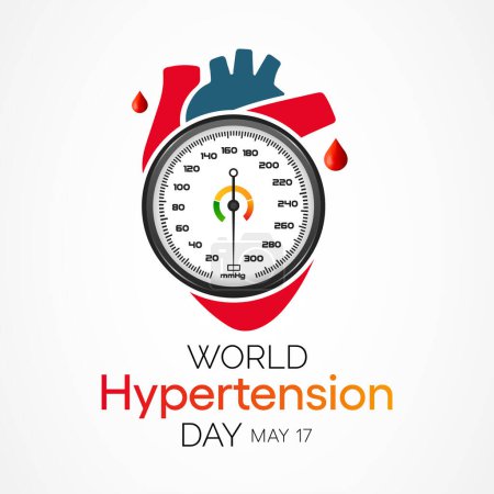 Día Mundial de la Hipertensión se observa cada año el 17 de mayo. La presión arterial alta, también llamada hipertensión, es la presión arterial que es más alta de lo normal. Ilustración vectorial.