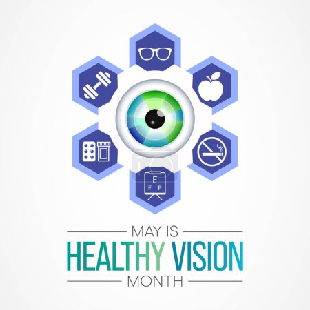 Healthy Vision month is observed every year in May. Taking care of your eyes can be a priority just like eating healthy and physical activity. it can help keep you safe each day. Vector illustration.