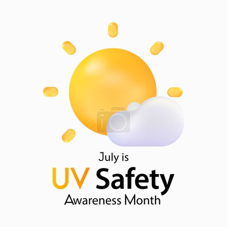 El mes de conciencia de la seguridad UV se observa cada año en julio, es un tipo de radiación electromagnética que hace que los carteles de luz negra brillen, y es responsable de los bronceos y quemaduras solares de verano. Arte vectorial.