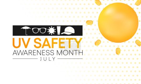 Illustration for UV safety awareness month is observed every year in July, it is a type of electromagnetic radiation that makes black light posters glow, and is responsible for summer tans and sunburns. Vector art. - Royalty Free Image