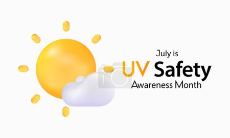 El mes de conciencia de la seguridad UV se observa cada año en julio, es un tipo de radiación electromagnética que hace que los carteles de luz negra brillen, y es responsable de los bronceos y quemaduras solares de verano. Arte vectorial.