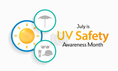 UV safety awareness month is observed every year in July, it is a type of electromagnetic radiation that makes black light posters glow, and is responsible for summer tans and sunburns. Vector art.
