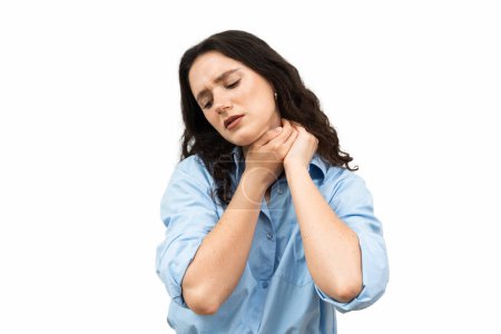 Laryngitis first symptoms throat ache. Sick attractive girl touches throat with pain. Seasonal illness medecine