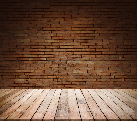 Téléchargez les photos : Fond de plancher en brique, plancher en bois avec mur en brique, fond de plancher en bois vintage - en image libre de droit
