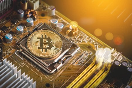 Photo for Golden bitcoins and bitcoin on computer keyboard. digital technology background - Royalty Free Image