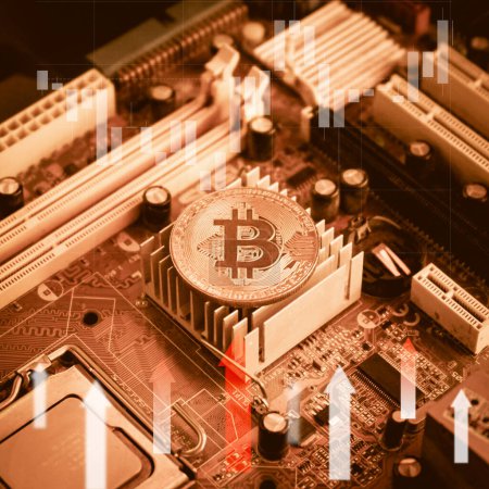 Photo for Bitcoin mining concept. computer motherboard. electronic board, mining, electronic money, electronic money, electronic technology. toned - Royalty Free Image