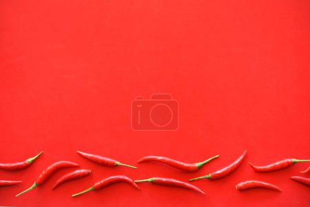 Foto de Pimientos rojos picantes en marco blanco sobre fondo rojo - Imagen libre de derechos