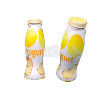 Joghurt in weißer Plastikflasche für Getränke isoliert 3D-Illustration. Pfirsich und Apfel Joghurt 3D-Symbol