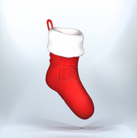 Téléchargez les illustrations : Chaussette rouge de Noël isolé vecteur icône 3d. Chaussette de Noël 3d. - en licence libre de droit