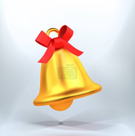 Golden metal bell with red bow isolated vector 3d icon, Christmas symbol, school bell 3d.