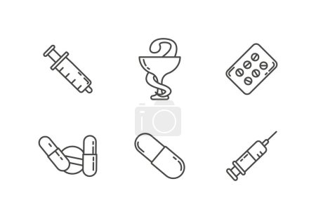 Ilustración de Icono de la línea de medicamentos médicos con pastillas, jeringa, cápsula, signo de farmacia - Imagen libre de derechos