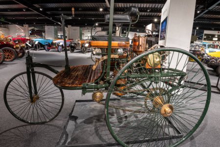 Photo for Sparkford.Somerset.United Kingdom.March 26th 2023.A Benz Patent Motorwagen thought to be the worlds first automobile is on show at the Haynes Motor Museum in Somerset - Royalty Free Image