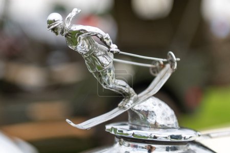 Photo for Honiton.Devon.United Kingdom.July 2nd 2021.Close up of the bonnet ornament on a vintage Riley car - Royalty Free Image