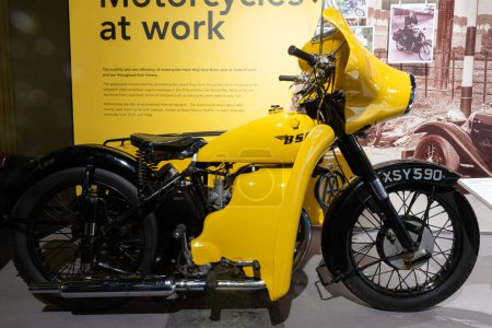 Photo for Sparkford.Somerset.United Kingdom.January 7th 2024.A BSA M21 AA motorcycle combination from 1960 is on show at the Haynes Motor Museum in Somerset - Royalty Free Image