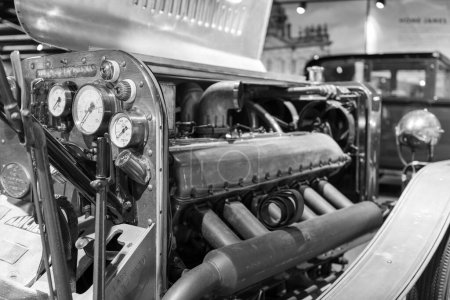 Photo for Sparkford.Somerset.United Kingdom.January 7th 2024.Close up of the dashboard and the 27 litre Rolls Royce engine on the  2001 Manchester Special at the Haynes Motor Museum in Somerset - Royalty Free Image