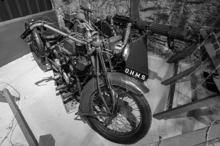 Photo for Bovington.Dorset.United Kingdom.August 8th 2023.A Matchless Vickers 8B2/M motorcycle is on show at The Tank Museum in Dorset - Royalty Free Image