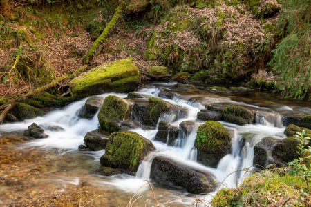 Larga exposición de una cascada en el río Hoar Oak Water en Watersmeet en el Parque Nacional Exmoor