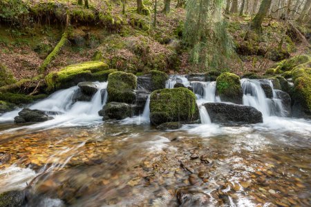 Longue exposition d'une cascade sur la rivière Hoar Oak Water à Watersmeet dans le parc national Exmoor