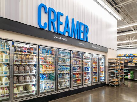 Photo for New Hartford, New York - Aug 22, 2023: Close-up View of Dairy and Creamer Section of Walmart Super Center. - Royalty Free Image