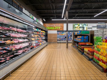 Photo for Yorkville, New York - Aug 26, 2023: Wide Landscape View of Meat and Cheese Section of Aldi Food Market. - Royalty Free Image