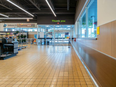 Photo for Yorkville, New York - Aug 26, 2023: Wide Landscape View of the Interior Exit of Aldi Food Market. - Royalty Free Image