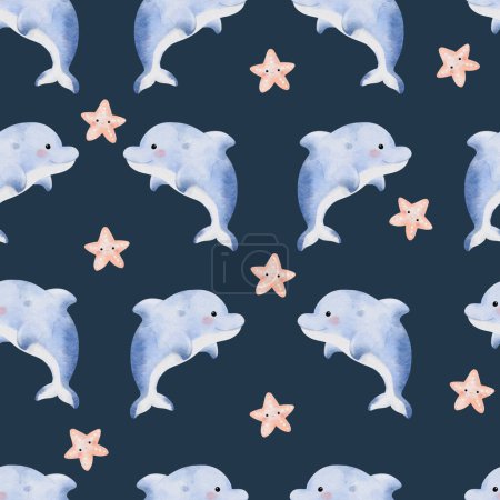 Téléchargez les photos : Mignon motif sans couture dauphin sur l'illustration de fond bleu marine - en image libre de droit