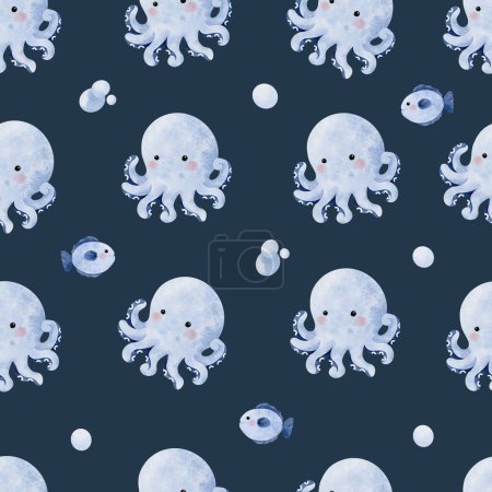 Cute Octopus Seamless Pattern on navy blue background illustration