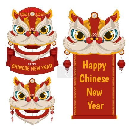 Ilustración de Año nuevo chino rollo tarjeta de felicitación plantilla horizontal y vertical, decorado con la cabeza de la danza del león de dibujos animados vector de carácter - Imagen libre de derechos