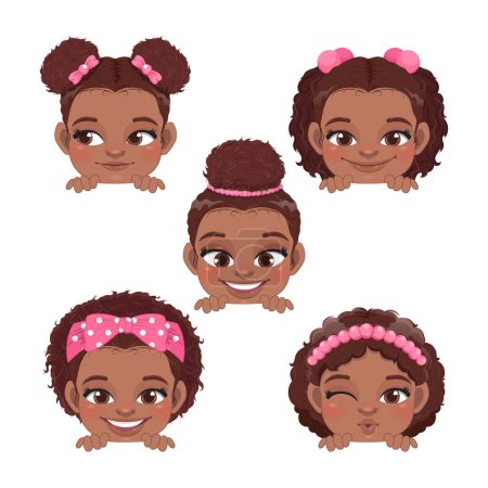 Cute Peekaboo Little Black Girls or American African Kids Peeking Girls Collection and Different Afro Hairstyle Vector illustration