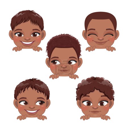Niedliche Peekaboo Little Black Boys oder American African Kids Peeking Boys Kollektion und verschiedene Afro-Frisuren Vector Illustration