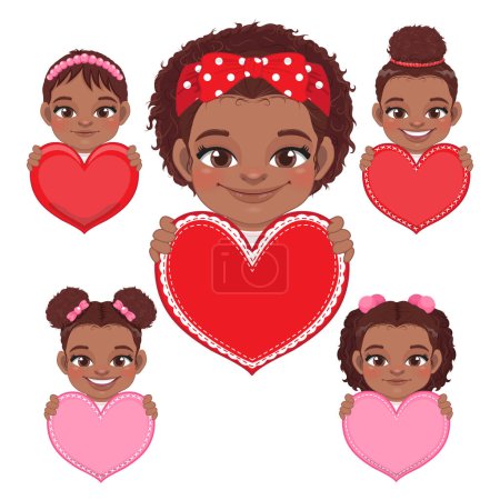 Collection of Cute little American African Girls Holding Red and Pink Hearts, Happy Kids Celebrating Valentine s Day Vector Illustration