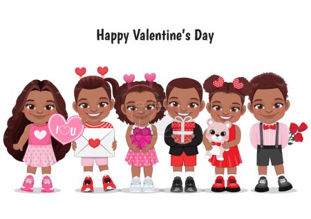 Téléchargez les illustrations : Valentine African American kids with multicultural little black boys and girls dating, celebrating Valentines day flat vector illustration. Young girlfriends and boyfriends cartoon characters vector. - en licence libre de droit