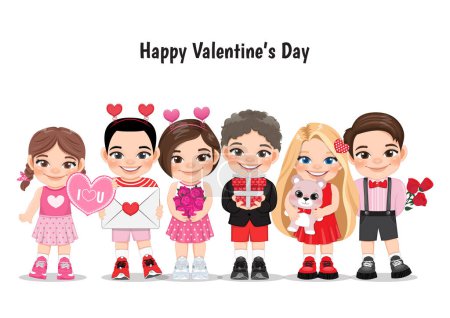 Ilustración de Valentine kids with multicultural little boys and girls dating, celebrating Valentines day flat vector illustration. Young girlfriends and boyfriends isolated cartoon characters vector. - Imagen libre de derechos