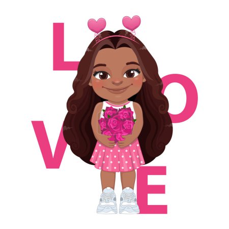 Illustration for Valentine s day with American African little girl hugging bouquet of roses cartoon character design vector - Royalty Free Image