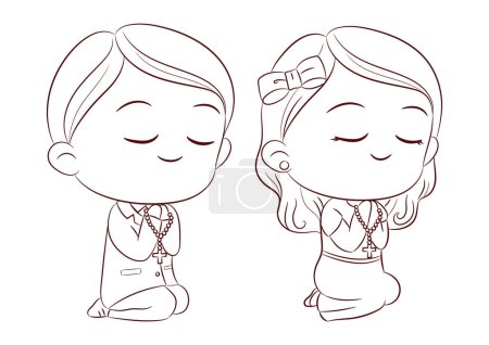 Illustration for First communion concept with cute boy and girl praying and kneeling together doodle style on white background vector. - Royalty Free Image