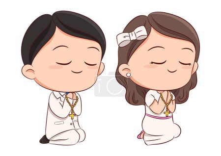 Illustration for First communion concept with cute boy and girl praying and kneeling together hand drawn sketch style on white background vector. - Royalty Free Image