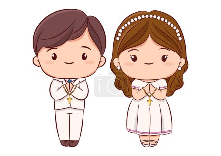 Illustration for First communion concept with cute boy and girl praying and standing together hand drawn sketch style on white background vector. - Royalty Free Image