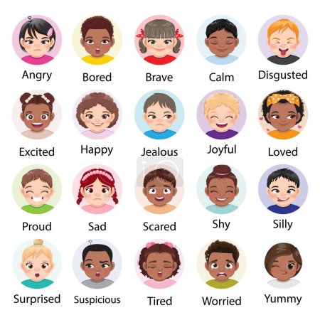 Illustration for Set of different facial expressions diverse kids character. Collection of children feelings. Cute child emoji with various emotions. Diverse children portrait vector - Royalty Free Image