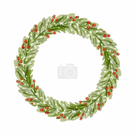 Watercolor wreath with christmas tree branches and holly berries vector