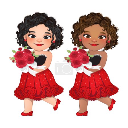 Ilustración de Concepto de diseño de San Valentín con vestido rojo mujer sosteniendo rosas rojas en las manos. Caricatura de novia. Ilustración vectorial - Imagen libre de derechos