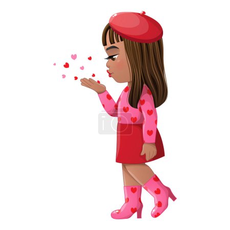Téléchargez les illustrations : Saint Valentin avec American African Girl Side View Blowing Hearts illustration vectorielle plate. Valentines Day Celebration Cartoon Vector - en licence libre de droit