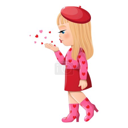 Téléchargez les illustrations : Valentine s Day with Blonde Hair Girl Side View Illustration vectorielle plate Blowing Hearts. Valentines Day Celebration Cartoon Vector - en licence libre de droit