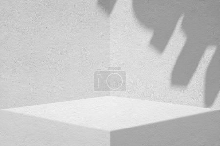 Téléchargez les photos : Podium Stucco blanc avec fond mural avec ombre sur le toit, adapté à la présentation du produit, à l'affichage et au maquillage. - en image libre de droit