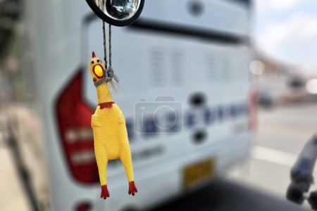 Téléchargez les photos : Jouet de poulet en caoutchouc suspendu devant le bus miroir latéral. - en image libre de droit
