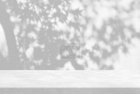 Téléchargez les photos : Table basse blanche minimale avec ombre MapleTree sur fond de texture murale en béton, adaptée à la présentation du produit, à l'affichage et au maquillage. - en image libre de droit